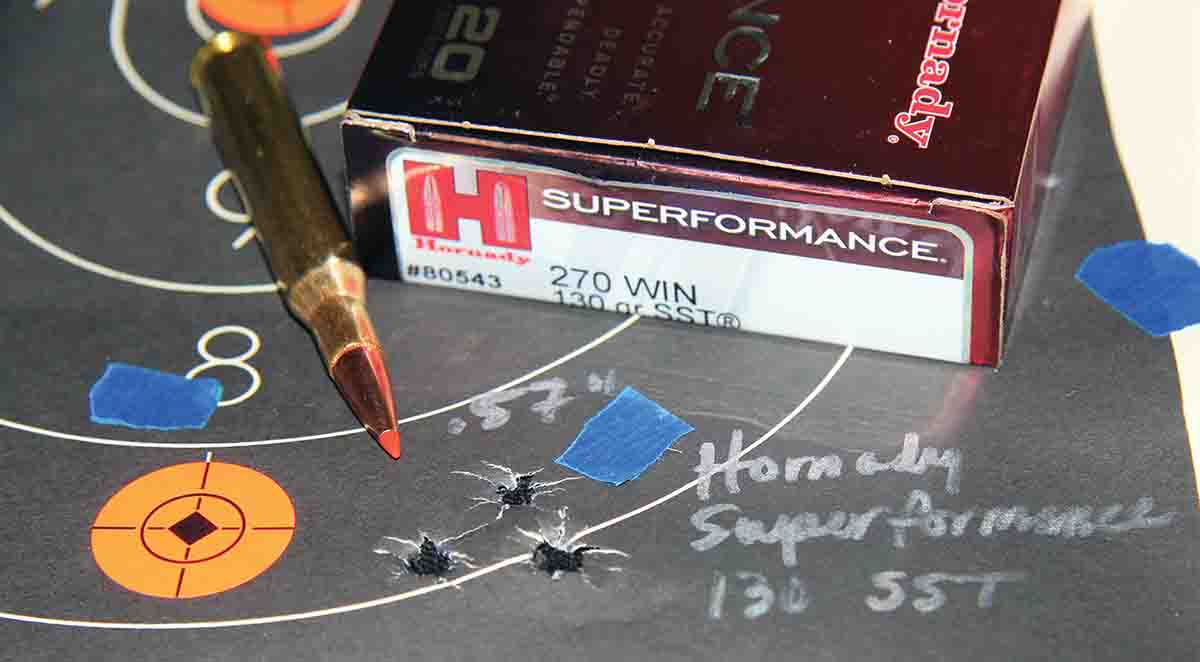 Loaded with a 130-grain SST, Hornady Superformance ammunition produced the tightest group of the test. That group measured .57 inch at 3,042 fps.